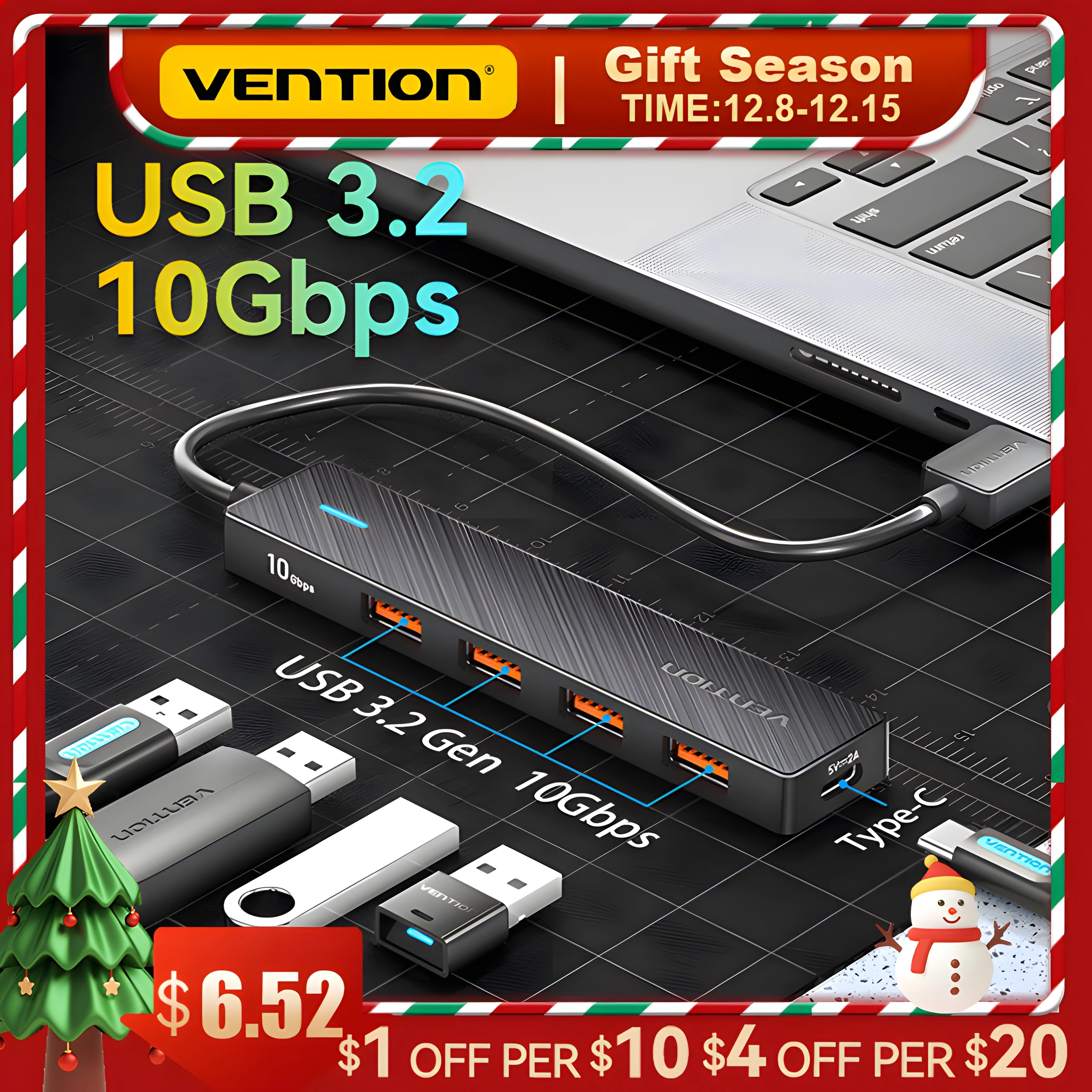 Vention Yeni USB 3.2 Gen2 HUB 5 Bağlantı Noktalı Splitter 10 Gbps USB A Tipi C HUB Çoklu Bağlantı Noktası Adaptörü Dizüstü Bilgisayar Genişletme