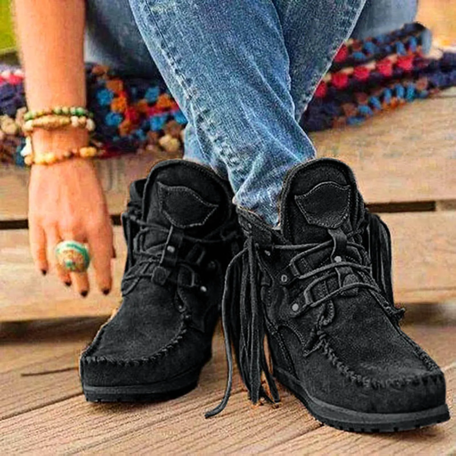 Vintage Tassel Ankle Boots Round Toe Solid Flat Heels Casual Bohemia Style Boots Women Autumn Winter Comfort Warm Short Boots