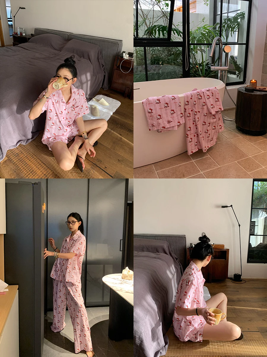 

Милый розовый хлопковый пижамный комплект, новинка лета, серия Sle Kit Head Joy, домашняя одежда, комплект из двух предметов с коротким рукавом и застежкой на пуговицах