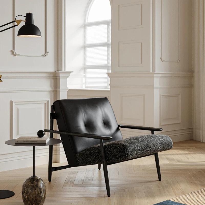 

Ash wood leather leisure chair household living room cotton and linen hotel homestay lobby meeting sofa chair