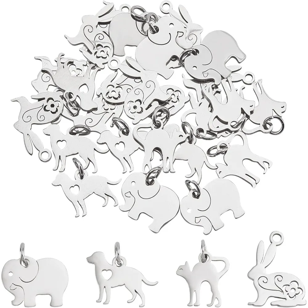 40Pcs 4 Style Stainless Steel Pendants 3mm Hole Flat Blank Charms with Elephant/Easter Bunny/Cat/Dog Shapes for Jewelry Making