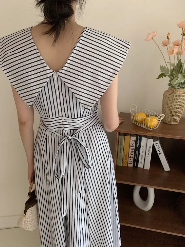 Summer Striped Print Sleeveless V-Neck Midi Dress Women Slim Waist Fashion Ladies Dresses Ruffle Pleated Korea Style Woman Dress