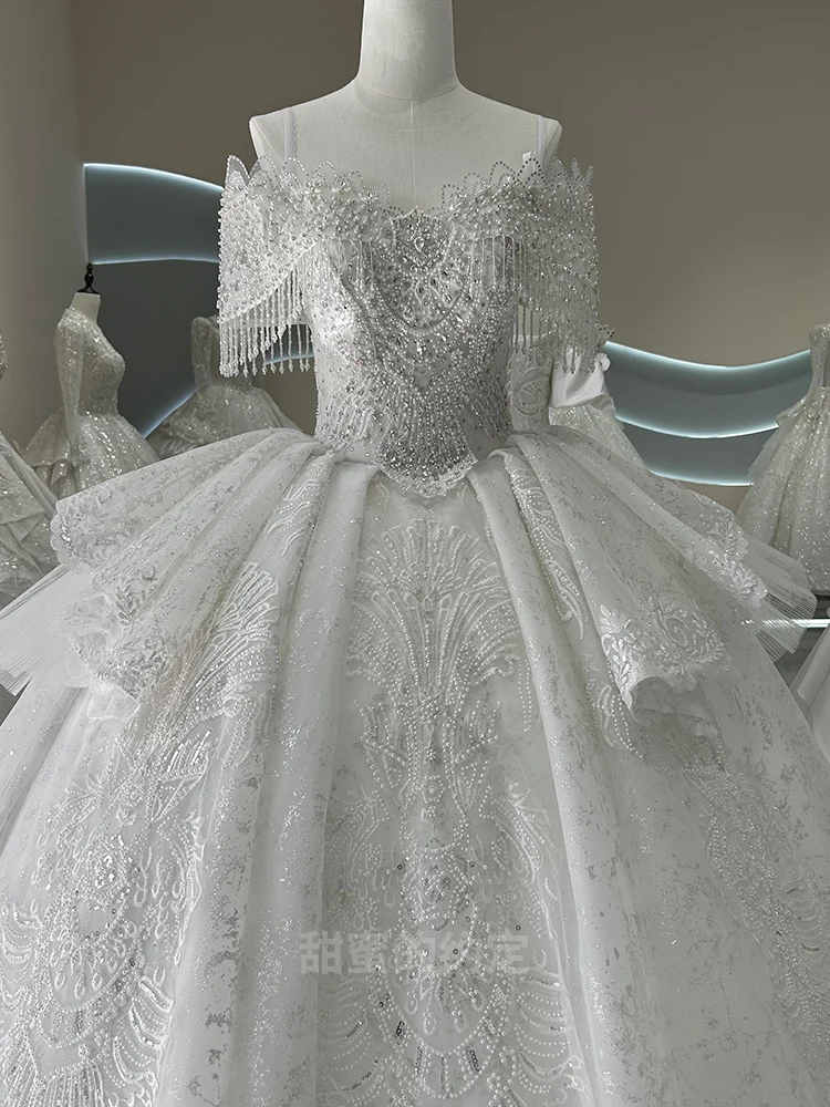 Vestidos De Novia De lujo con hombros descubiertos, cuello barco, cuentas hechas a mano, exquisitos vestidos De baile De princesa, Vestido De Novia personalizado