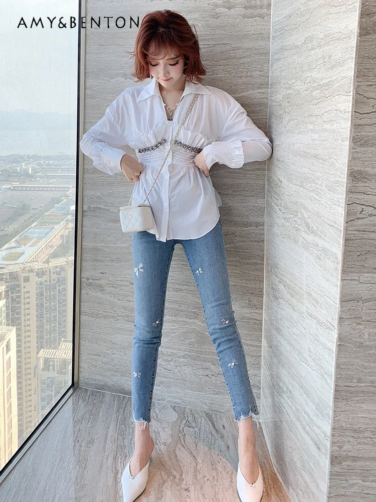 

Autumn Heavy Industry Bow Rhinestone Pencil Pants Woman Korean Temperament Elastic Skinny High Waisted Jeans OL Fashion Pants