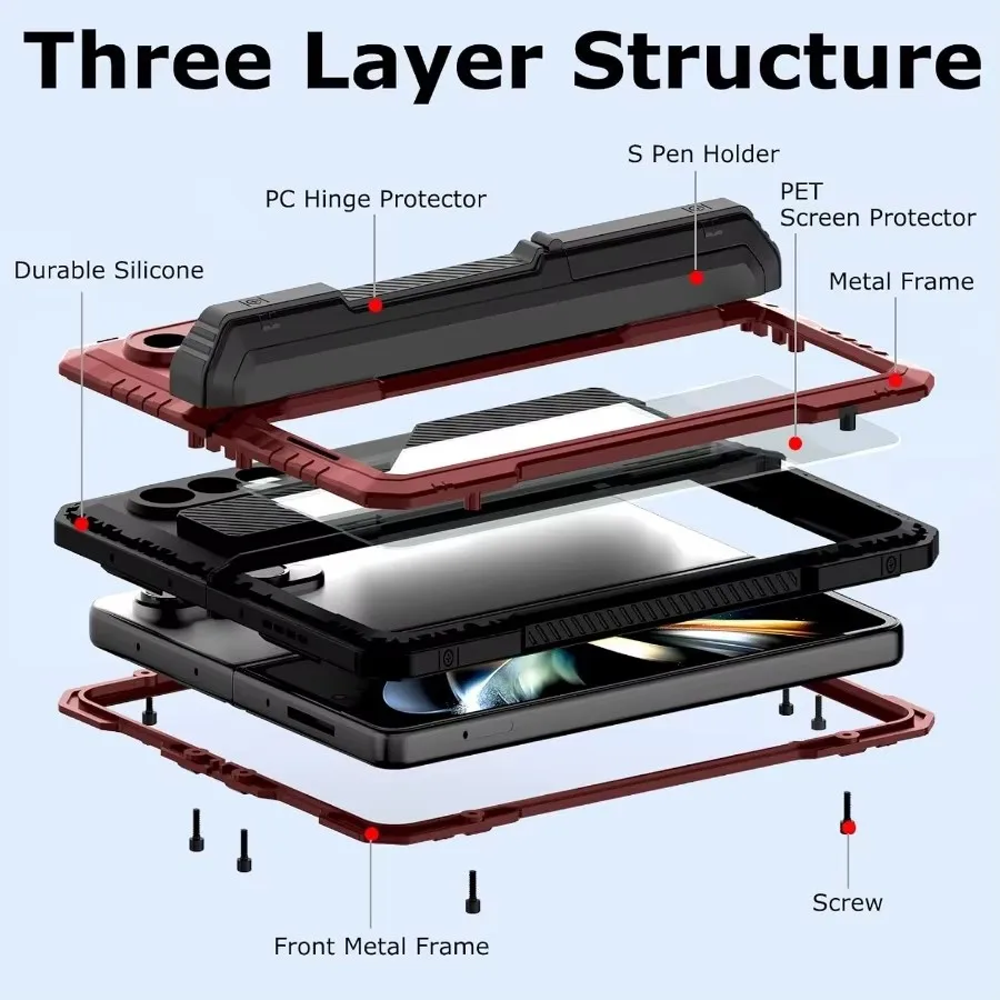 Heavy Duty Anti-fall Metal Silicone Bumper Shockproof Phone Case For Samsung Z Fold 6 5 4 Protection Cover PET Screen Protector