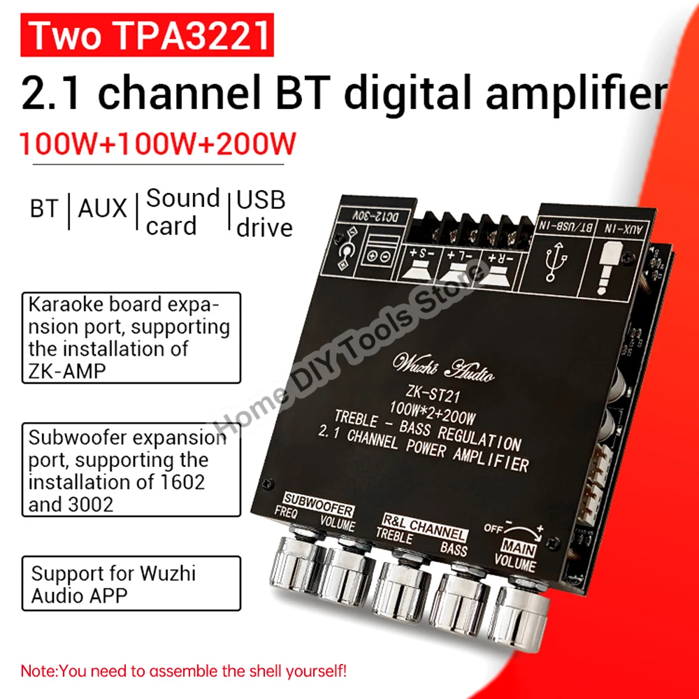 

ZK-ST21 2.1 Channel Bluetooth Digital Amplifier Board 100W+100W+200W Subwoofer Power Audio Stereo Bass Chip TPA3221