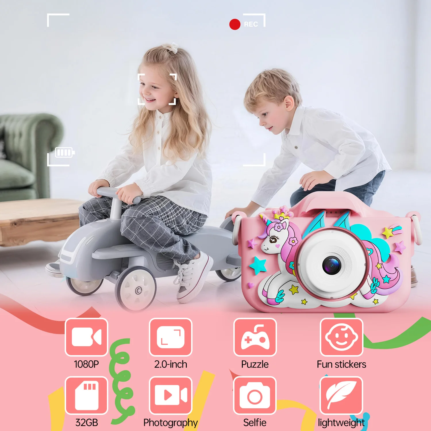Kindercamera Meisjes Selfie Camera 1080HD Videofotografie Digitale camera voor kinderen met siliconen hoesje Speelgoedcamera Verjaardagscadeaus
