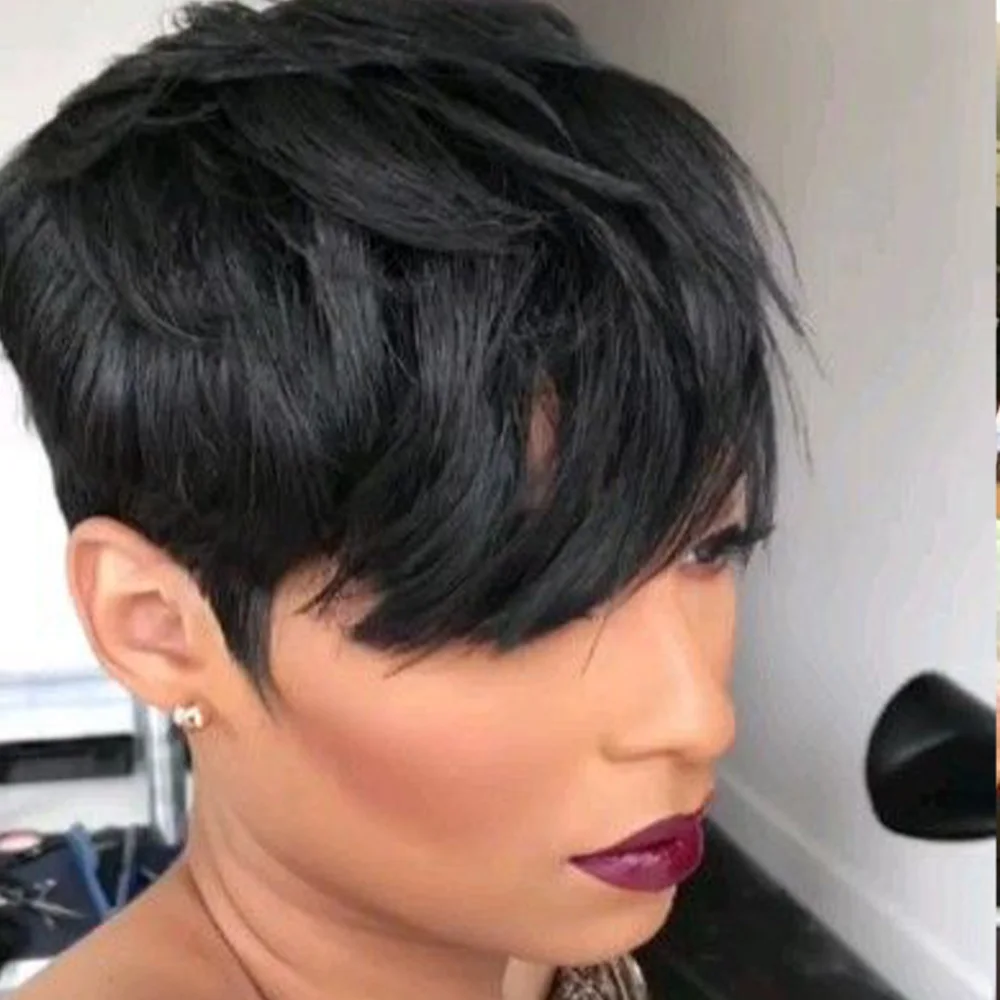 شعر مستعار قصير مستقيم بقص عابث، شعر مستعار قصير الطبقات مصنوع آليًا بالكامل، شعر مستعار طبيعي مع غرة للاستخدام اليومي #1