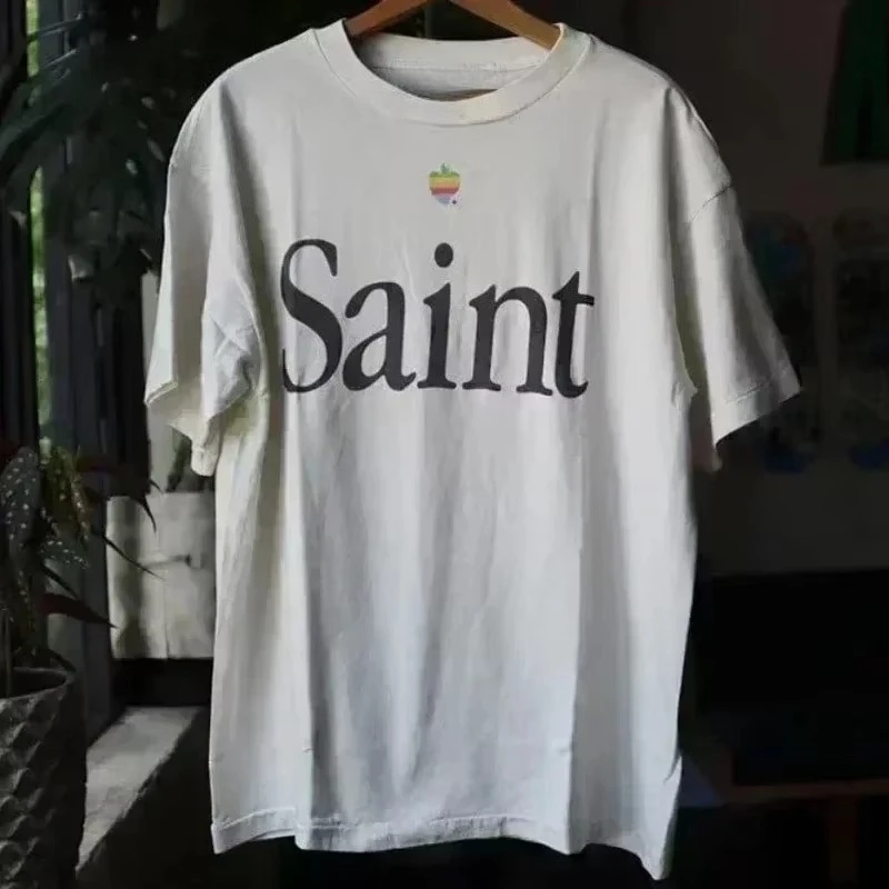 2026 Retro Grime Cement Saint Lettering T-shirt, high-quality neutral casual couple short-sleeved streetwear