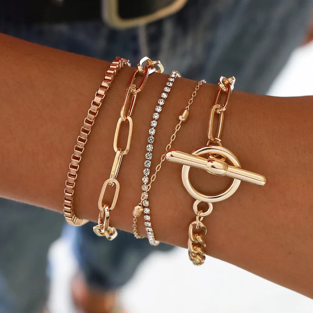 Punk Heavy Metal Rhinestone Chain Bracelets Set for Women Adjustable Crystal Pulseras Bangles Hand Jewelry Gift Steampunk Men