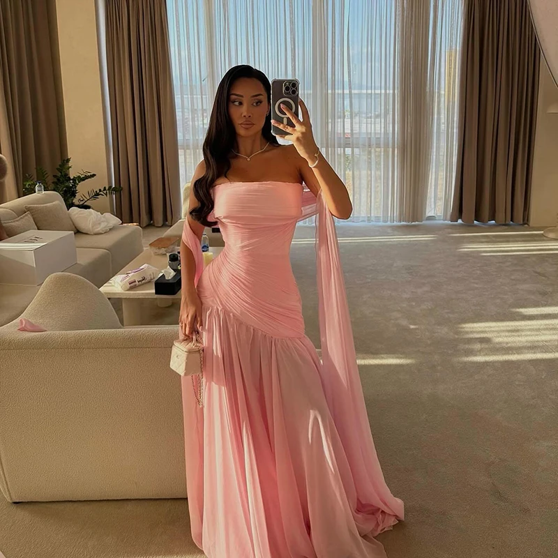 

Thinyfull женские вечерние платья русалки для выпускного вечера Саудовская Аравия длинное вечернее платье без бретелек шифоновые розовые коктейльные платья для выпускного вечера по индивидуальному заказу