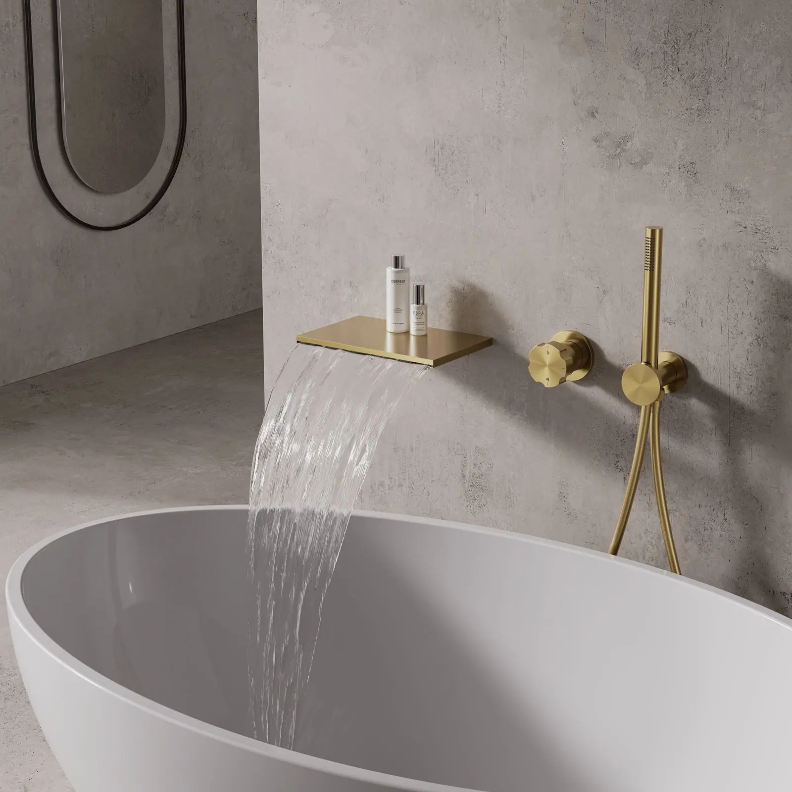 

FARRETE Luxury all-copper concealed bathtub faucet cold and hot water tank side storage platform waterfall brushed gold faucet