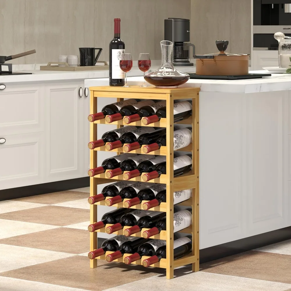 6 tier wine rack freestanding floor, 24 bottles wine storage shelves with table top, stackable wine display rack for kitchen, ba