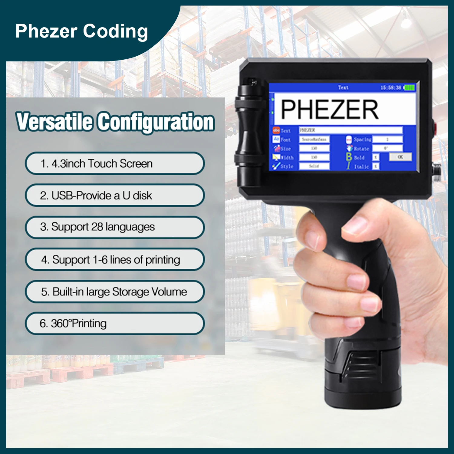 

Phezer 28 Languages P15 12.7/25.4mm Handheld Inkjet Printer QR Barcode Batch Number Date Number Marking Expiration Date Coder