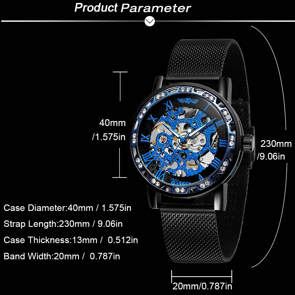 T-WINNER Klassische Herrenuhren, Skelett, mechanisch, leuchtende Zeiger, Strass-Mesh-Band, Mann, römische Ziffern, leicht ablesbare Armbanduhr