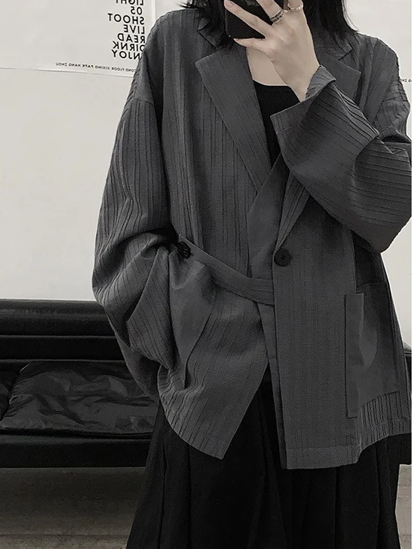 Retro Thin Tailored Women's Suit Dark  Splice Textured Loose Open Cardigan Spring 2023 Original Design Casual Wear