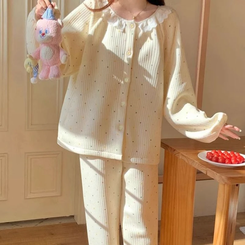 

Pajama Sets Women's Simple New Autumn Winter Korean Style Polka Dot Long Sleeve Warm Home Clothing 2-piece Set Womens Loungewear