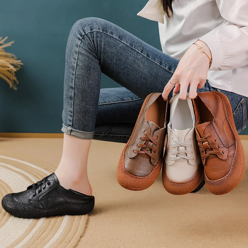 

Vintage Women Genuine Cow Leather Platform Shoes Hand Stitching Lace Up Round Toe Non Slip Thick Rubber Sole Soft Casual Shoes