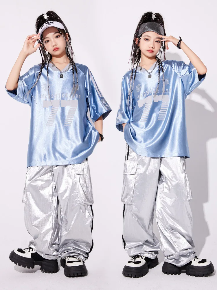 키즈 힙합 실버 운동복 스트리트 댄스 반짝 이는 카고 바지 소녀 K-pop streetwear 키즈 재즈 의류 세트 어린이 무대 의상
