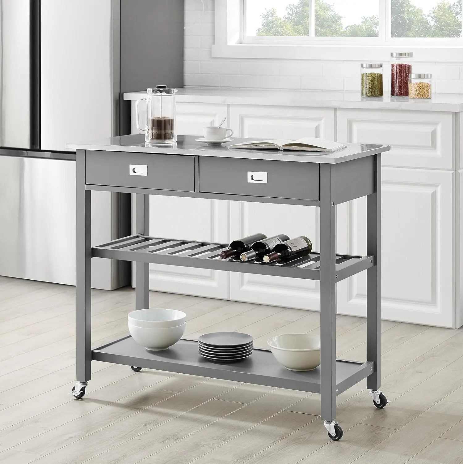 Chloe Kitchen Cart with Stainless Steel Top, Gray