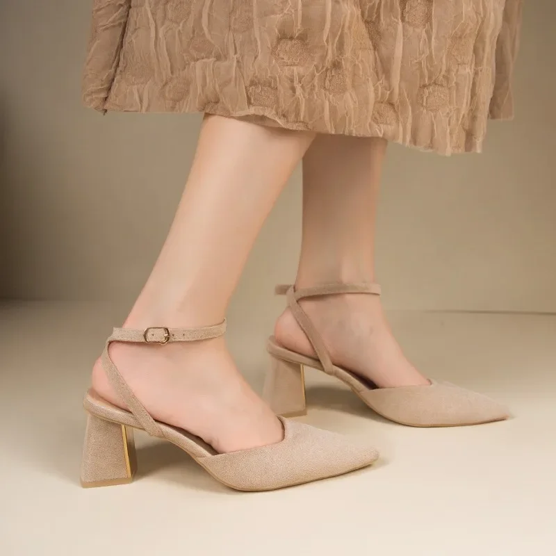 Summer New Pointed Fashion One Line Buckle Style Shallow Mouth Sandals Women's Comfortable Banquet Shoes High Heel Pumps