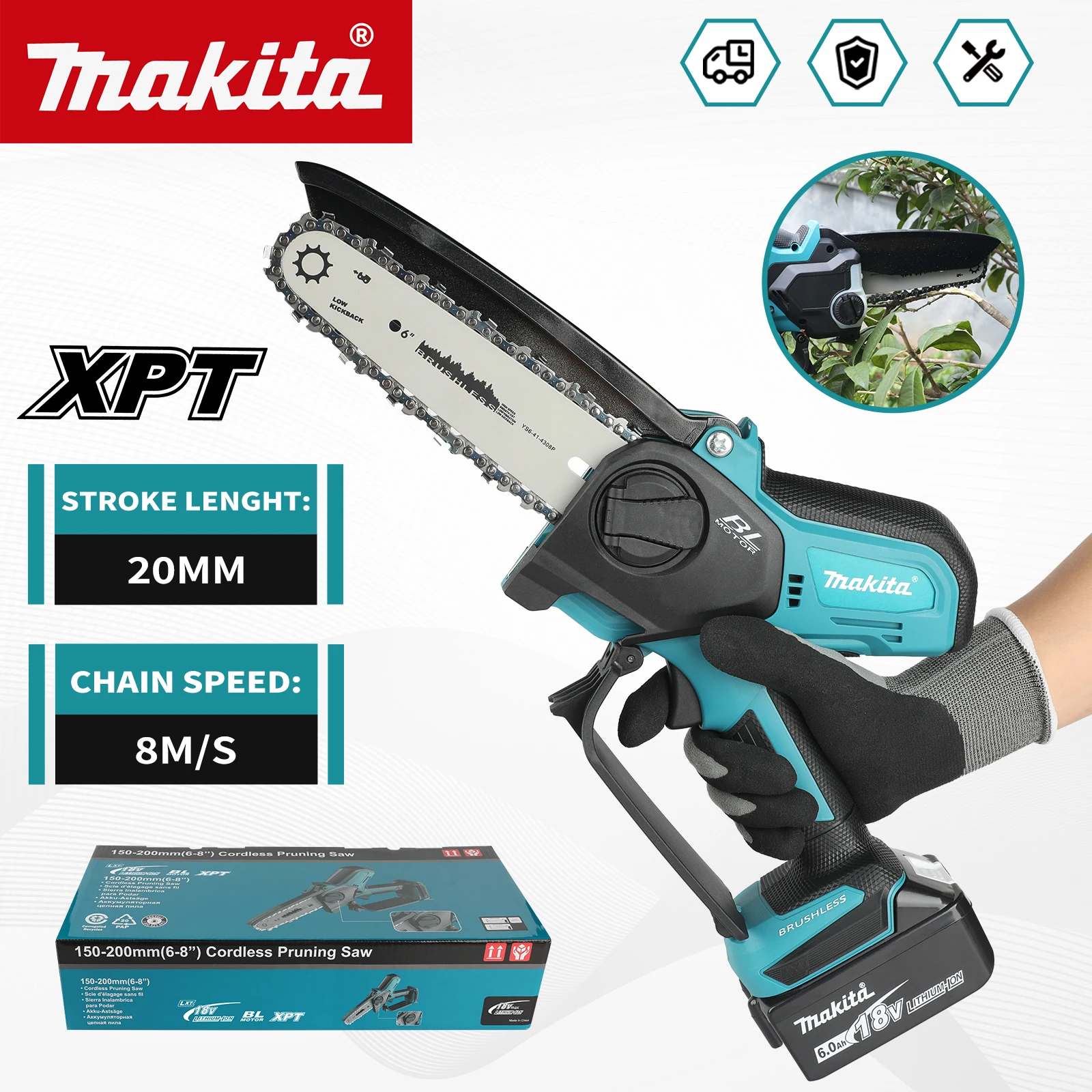 scie-a-chaine-electrique-makita-18-v-course-20-mm-vitesse-80-m-s-equipee-d'un-deflecteur-anti-eclaboussures-volant-et-de-chaine-automatique
