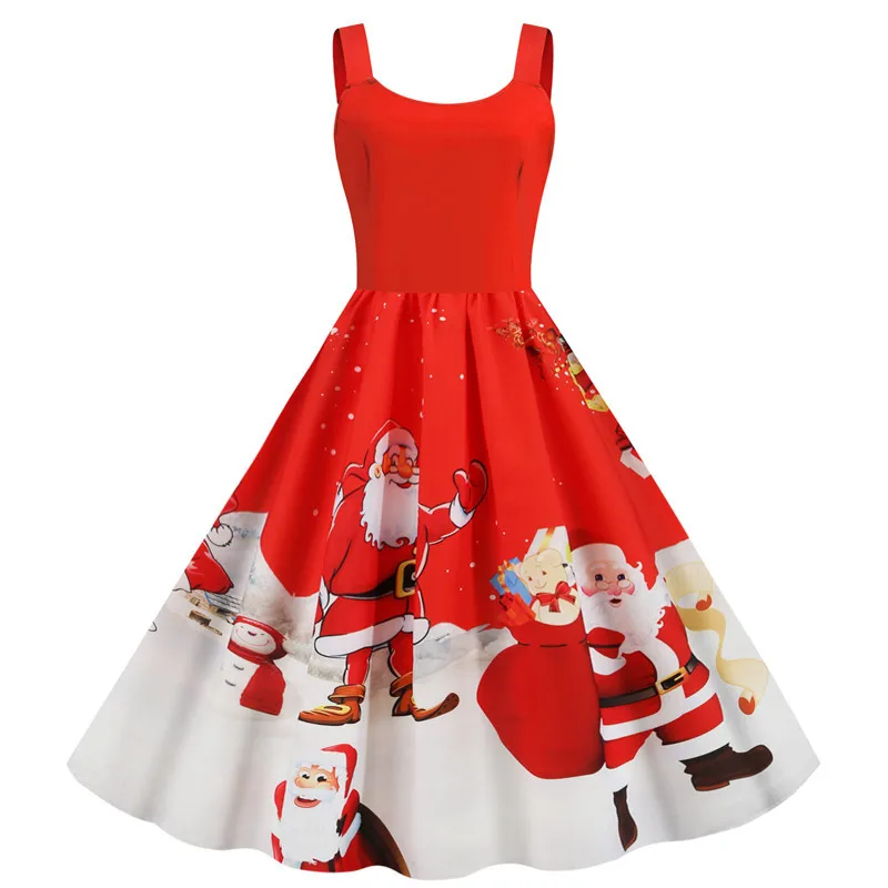 Winter Ladies Christmas Dress Sexy Straps Retro Party Princess Dress Santa Snowflake Print Christmas Costume Party Family Dinner