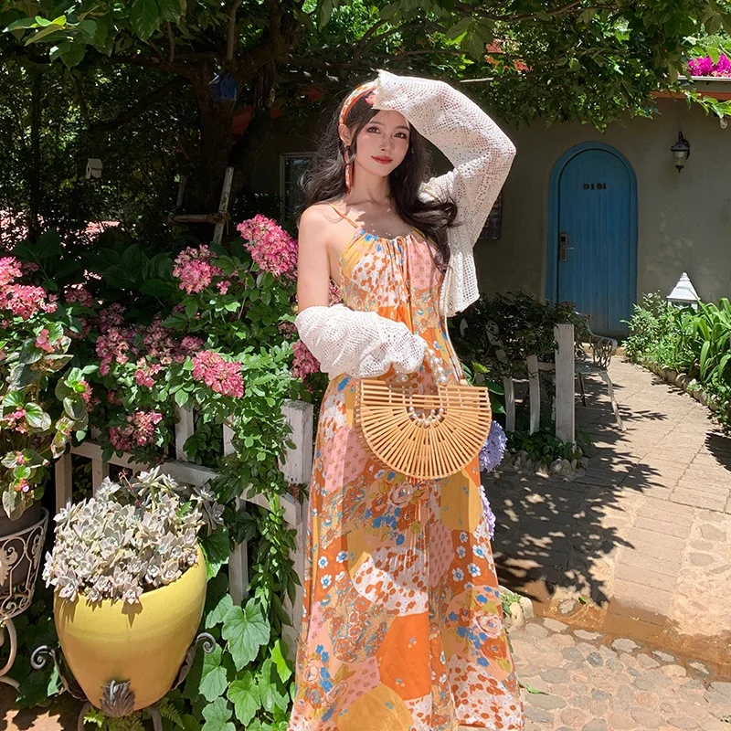 Loose Sundr Women's Summer Floral Print Gauze Svel Long Dr National Sle Patchwork St Hat Sunscreen Cardigan