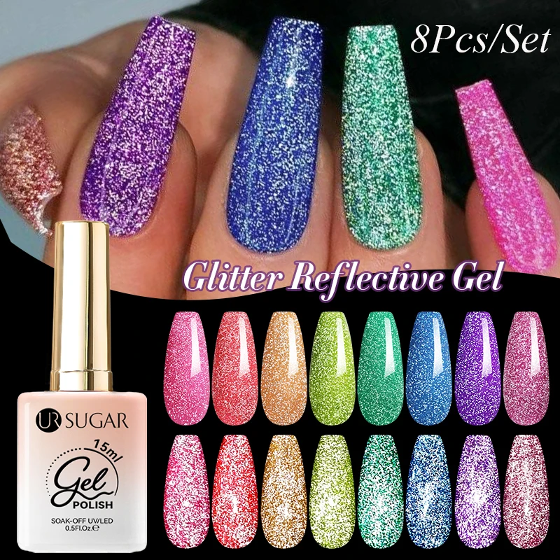 

UR SUGAR 8Pcs/Set 15ml Reflective Fluorescent Neon Nail Gel Polish Dark Flash Effect Manicure Soak Off UV Gel Nail Art Varnish