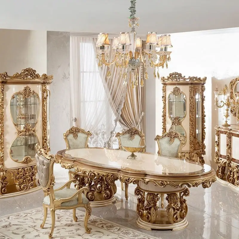 

Luxurious Italian Baroque style restaurant set with rice cabinets palazzo hand-carved table chairs