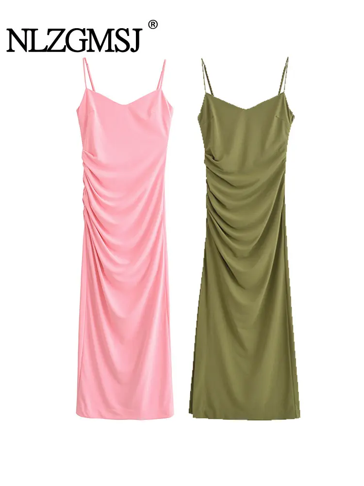 2025 봄 여성 주름 장식 캐주얼 시크 드레스 캐미 백리스 롱 스트레이트 드레스 신상 여름 드레스