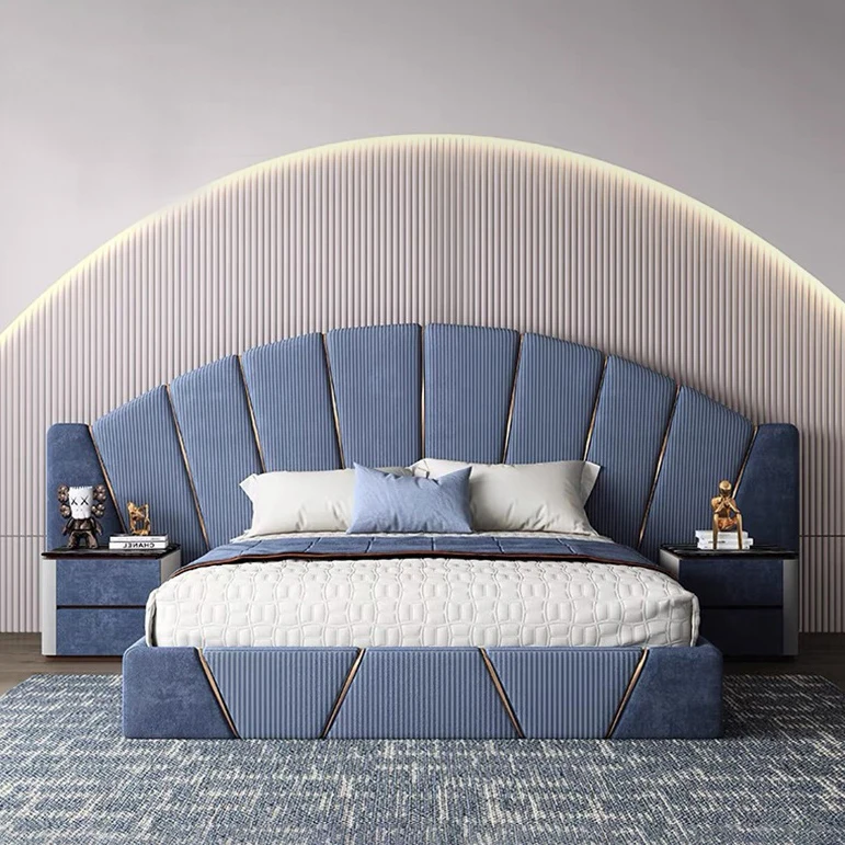 

Итальянская светлая роскошная кровать размера «king-size» для отеля, мягкая матовая ткань, современная синяя кожаная мягкая двуспальная кровать, комплект мебели для спальни