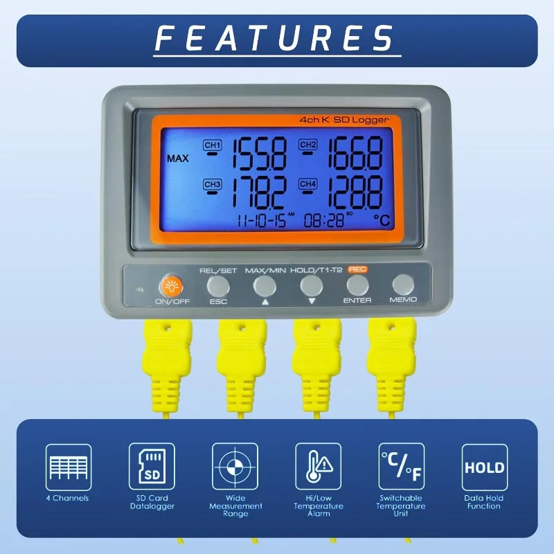 home.Digital 4 Channel Thermocouple Thermometer Thermometer Thermocouple Reader with 8G SD Card 2 Bead Type K-Thermocouple Probe