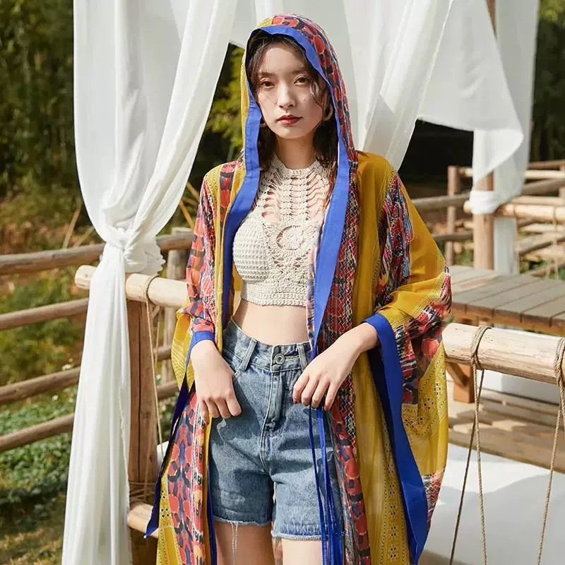 Señora étnica viaje gasa Kimono vacaciones de verano playa Cardigan Bikini cubrir abrigo ropa de playa estampado con capucha delgada Boho vestido largo