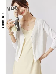 SENTUBILA Elegant Short Summer Knit White Cardigans for Women 2024 Knitted Tops V Neck Straight Casual Knitwears New Outerwear