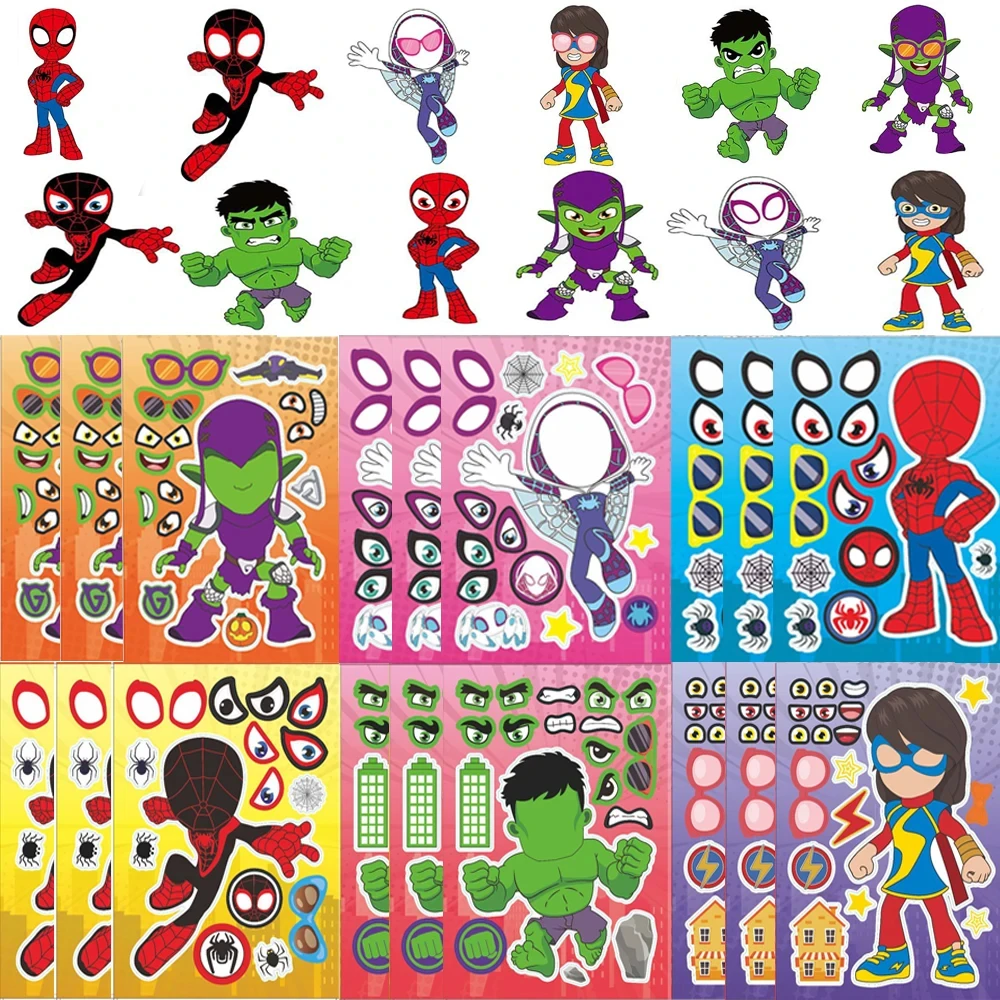 12Sheets Spidey and His Amazing Friends Puzzle Stickers Superhero Spiderman Make a face DIY Assemble Jigsaw for Kids Party Gifts