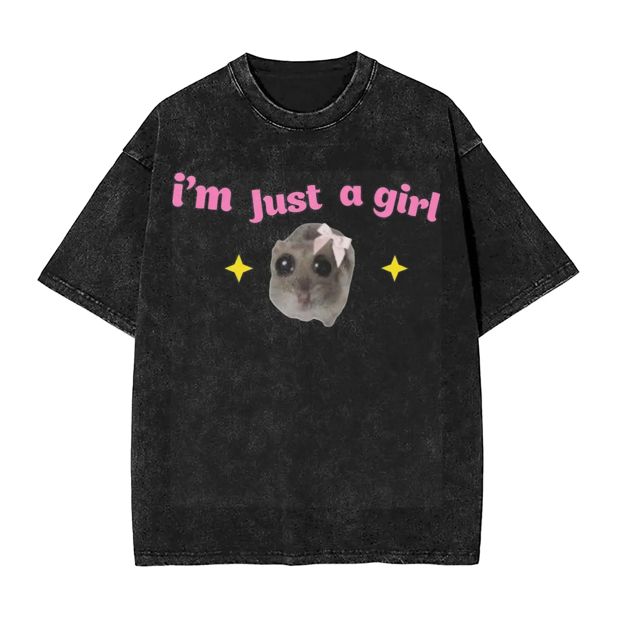 Sad Hamster Meme I'm Just A Girl Washed T Shirt Novelty Harajuku Men Women  Hiphop T-Shirts Tee Cotton