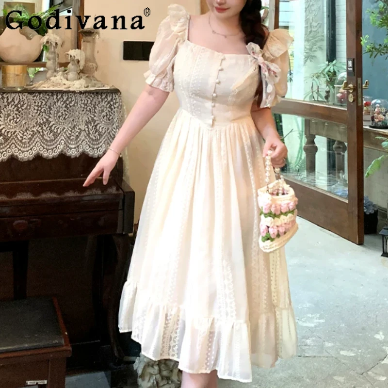 

Large Size Women Summer French Sweet Lace Short Sleeve Square Neck Dress Fashion High Waist A-line Elegant Princess Dresses