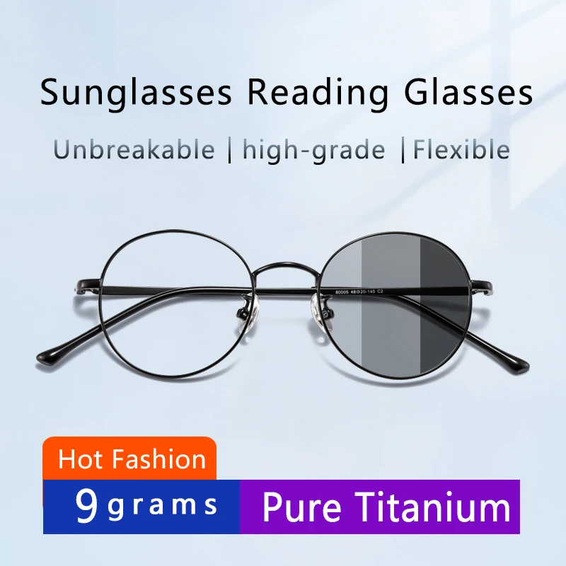 

Photochromic Reading Sunglasses, Titamium Round Retro Eyeglasses, Magnifying Presbyopic Eyeglasses ,Diopters To +4.0