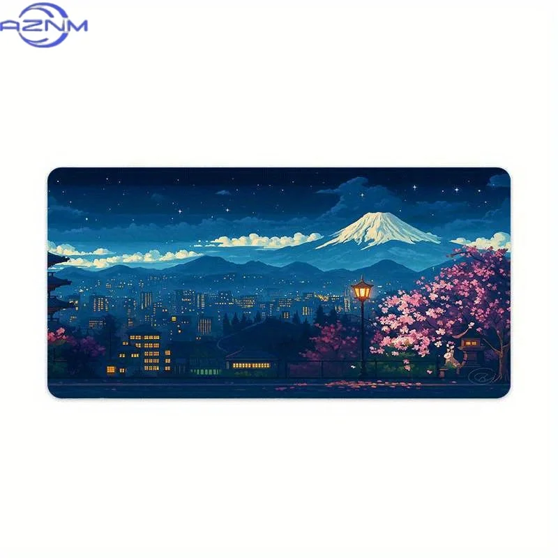 1pc of a Tempered Glass Mouse Pad Featuring Mount Fuji And a Night View of Cherry Blossoms. This Non-Slip, Extended Mat Is Perfe