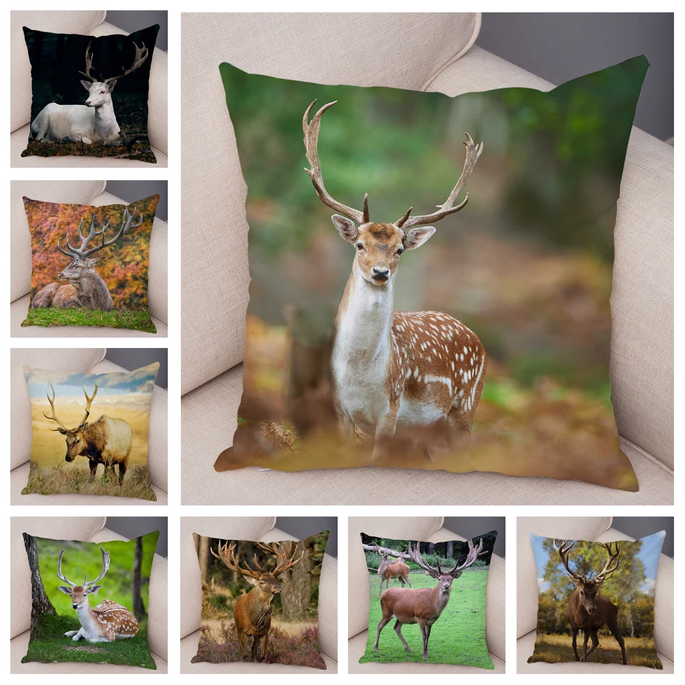 Forest Sika Deer Pillowcase Decor Cute Wild Animal  Cushion Cover For Sofa Home Car 45x45cm