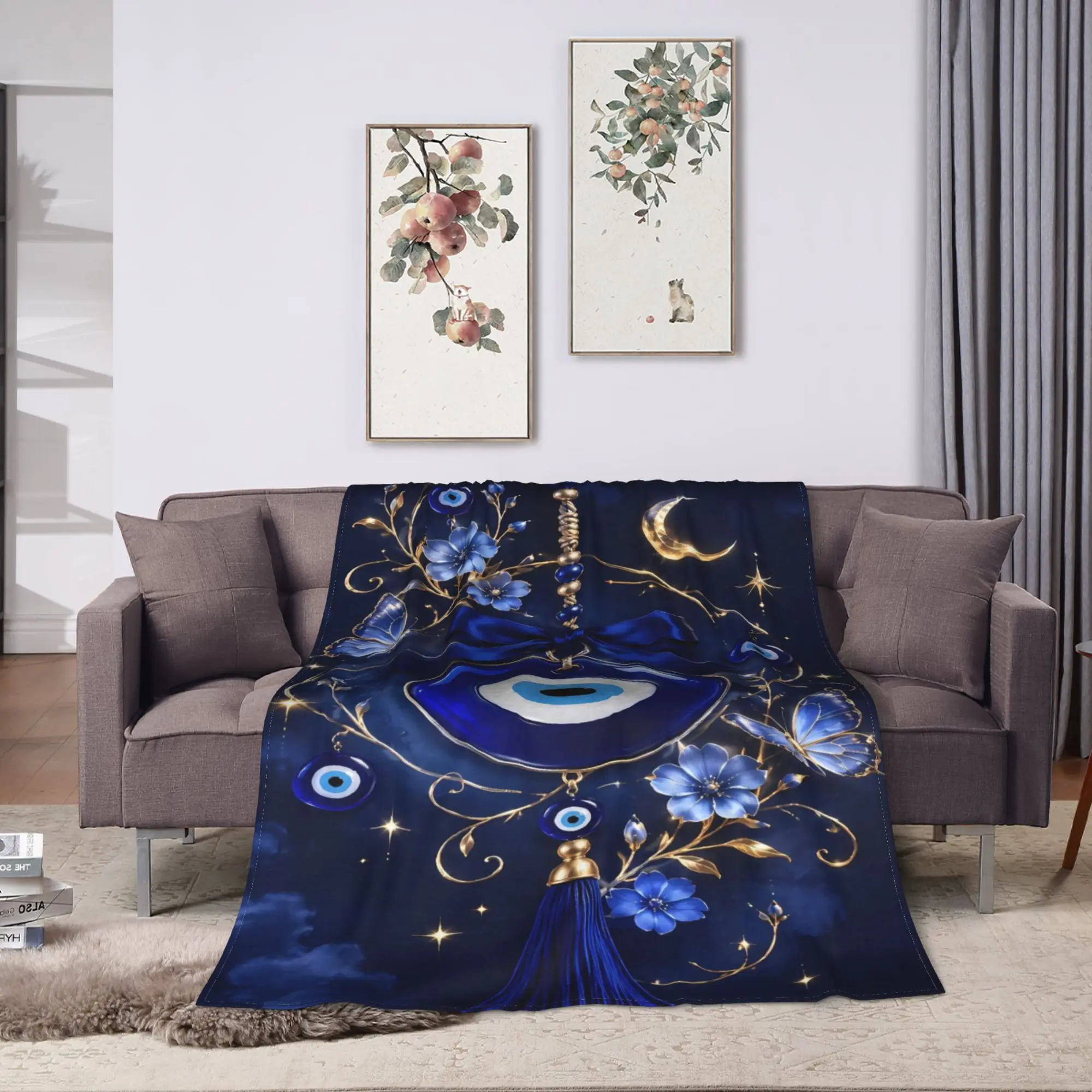 Evil Eye Blue Mandala Print Flannel Blankets  Super Warm Throw Blanket for Couch Bed Street Trend Bedspread Sofa Bed Cover
