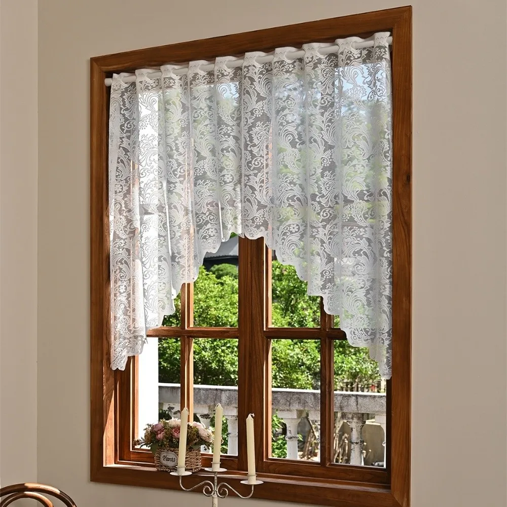 Decorative Flower Short Curtain Light Filtering White Lace Pearl Curtain Divider Through-rod Design Triangle Curtain Living Room