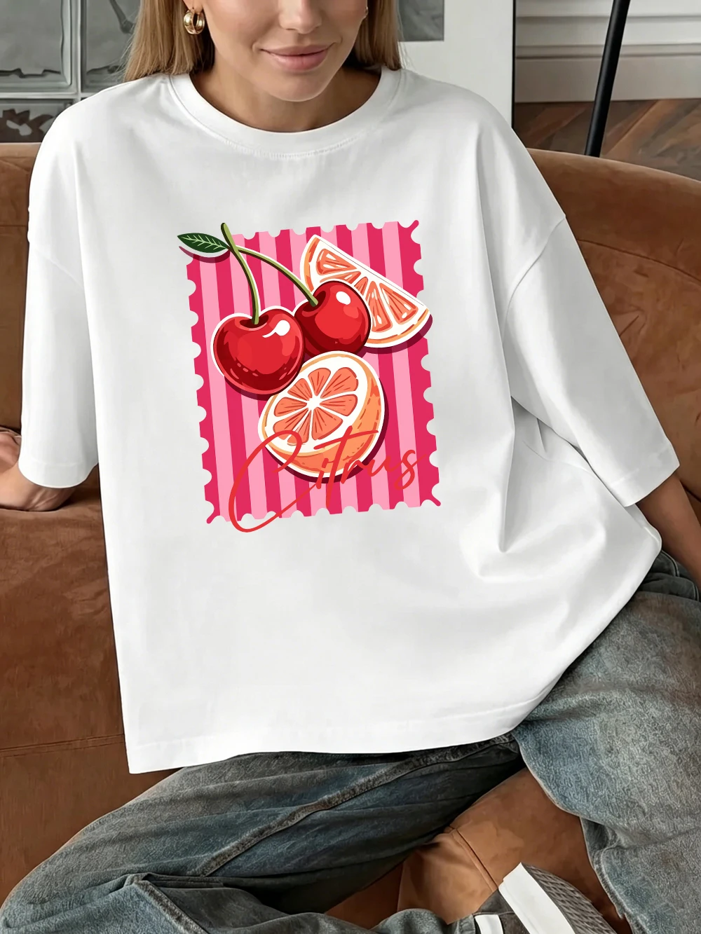 Rote Kirsch-Zitrus-Bedruckte T-Shirts aus Baumwolle für Damen, Sommerliche Oversize-Oberteile, Basic O-Neck Kurzarm-T-Shirts, Lässige Weiche Kleidung – Detail 12