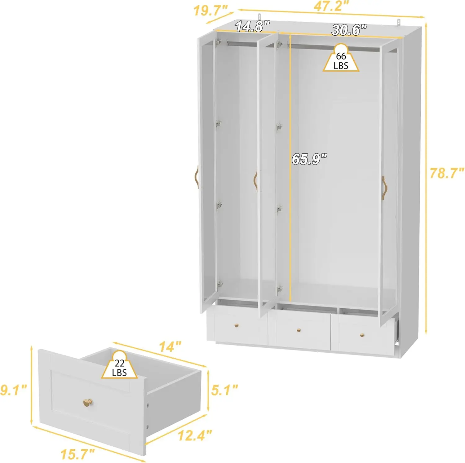 White Wardrobe Cabinet with Glass Doors, with 3 Drawers & 2 Hanging Rod, Bedroom Wardrobe Armoire, (47.2