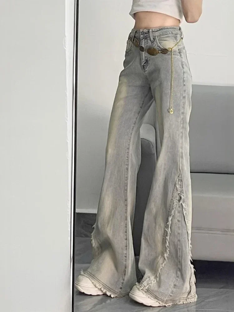 ارتفاع الخصر السراويل الزرقاء خمر النساء الأمريكية الرجعية 90s المواد الخام حافة تصميم Y2k الدنيم السراويل الشارع الشهير واسعة الساق السراويل