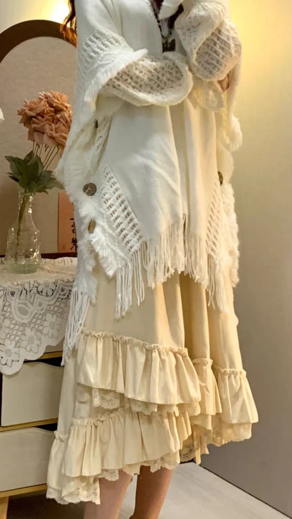 

n Forest Sle Velvet Thiened Maxi Skirt Cake Hem A-Line Midi Skirt Slimming Concealing High Waist Pure Color Commute