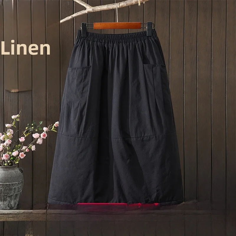 

Loose Oversized Retro Cotton Blend Artistic Versatile Age-Defng Meat-Covering Midi A-Line f Skirt Elastic Waist Color