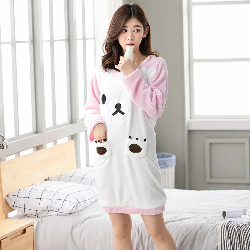 

2025 Winter Long Sleeve Thick Warm Flannel Nightgown for Women Korean Cute Cartoon Coral Velvet Sleepwear Nightdress Night Dress