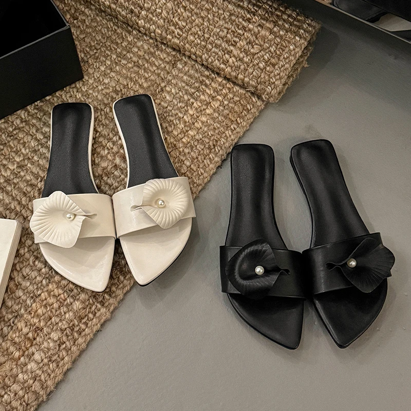 

Elegant Lily Flower Mule Slippers Woman Fashion Brand Design Floral Slide Sandals Ladies Summer Outdoor Pointed Toe Flip Flops